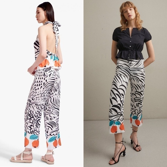 STAUD Satin Abstract Stripe Citrus Print High Rise Ankle Crop Oscar Trousers 2 - Picture 4 of 9